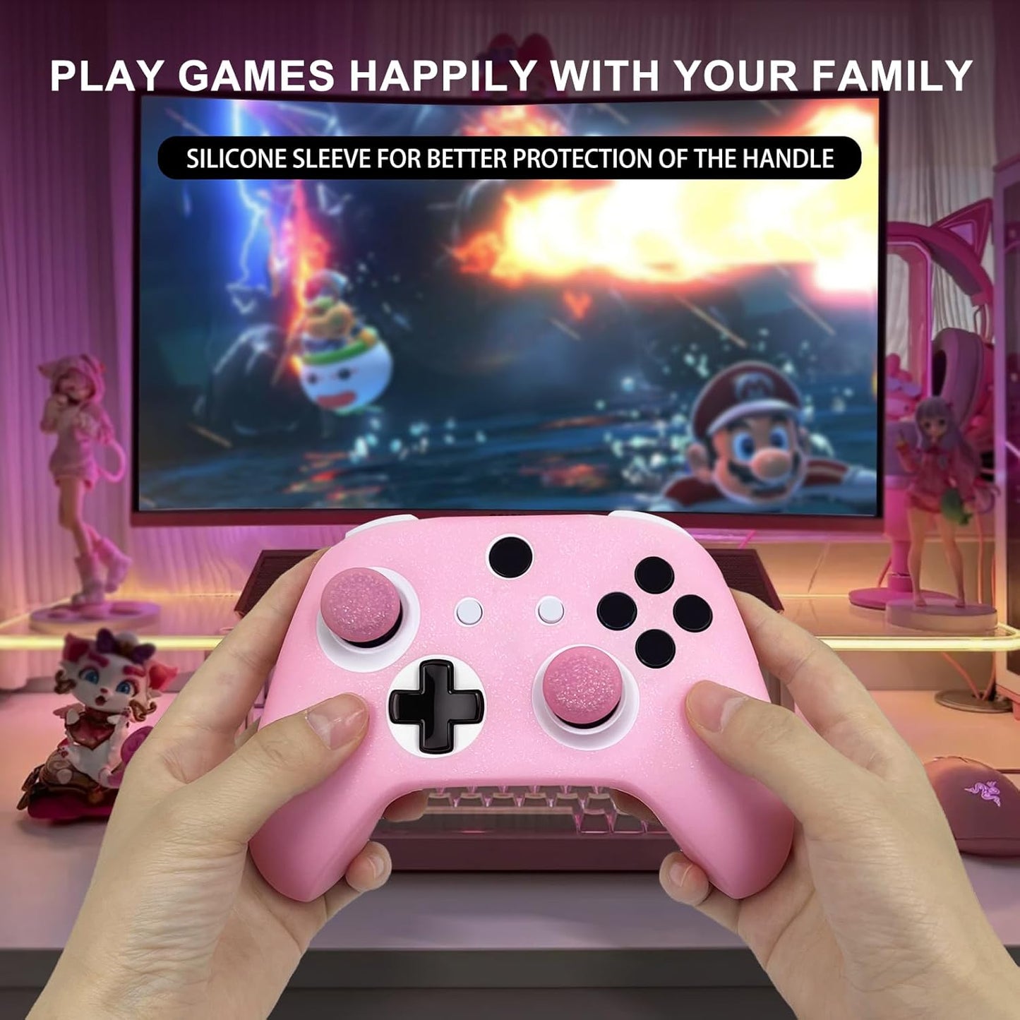 Pink Glitter Anti-Slip Protective Silicone Cover Skin Grips Compatible with Xbox ONE S/X Controller,8 PCS Glitter Thumb Grips Caps and 2 Grips Caps.