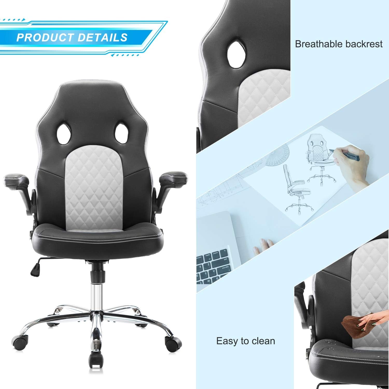 Gaming Chair Ergonomic Office Chair PU Leather Computer Chair High Back Desk Chair Adjustable Swivel Task Chair with Lumbar Support/Adjustable Armrests