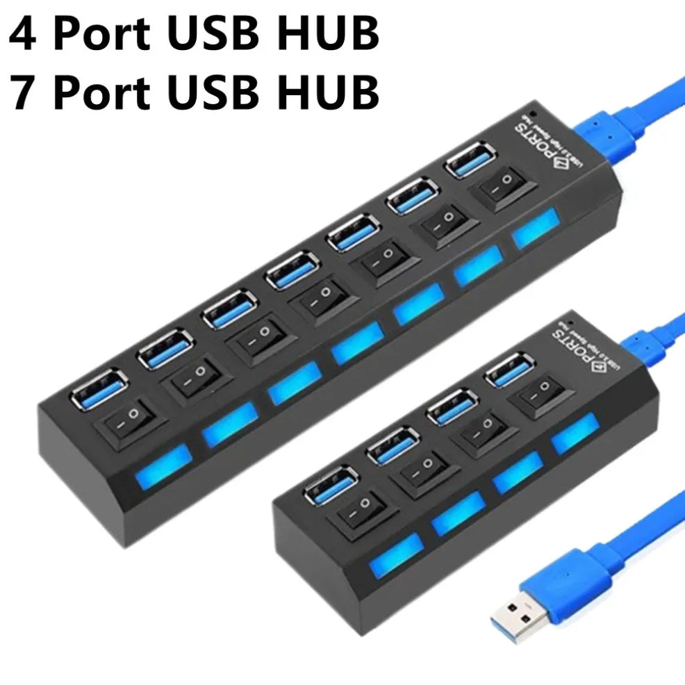 4/7 Ports USB HUB 3.0 2.0 Adapter Expander High Speed Multi USB Splitter Multiple Extender with LED Lamp Switch for PC Laptop
