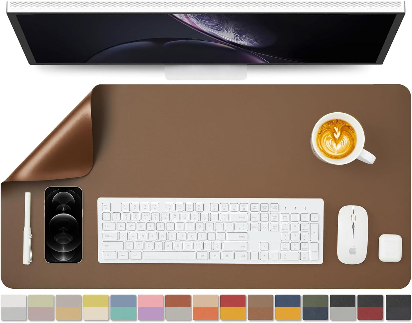 Dual Sided Leather Desk Mat - Waterproof Desk Pad for Office and Home - Desk Organization and Accessories - Ideal for Large Mouse Pad and Desk Mats on Top of Desks(Coffee+Dark Gold,31.5"X 15.7")