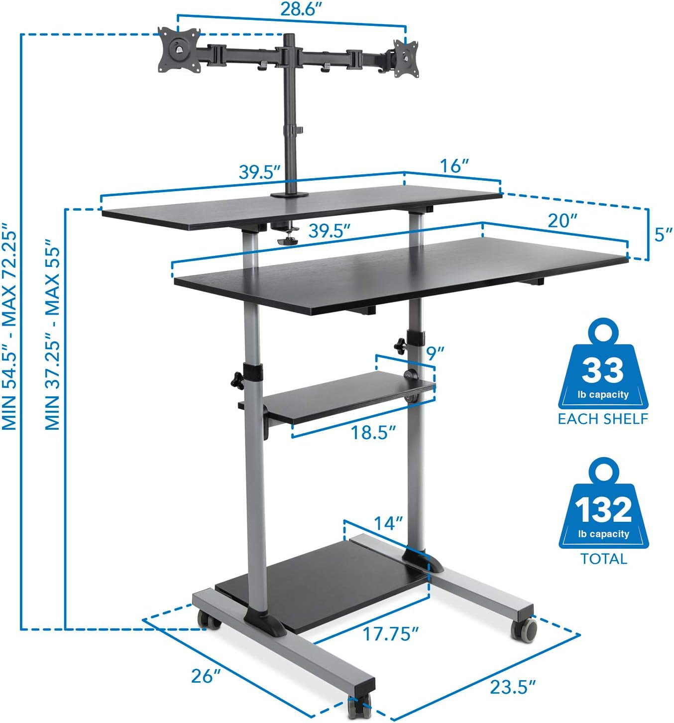 Mobile Standing Desk with Dual Monitor Mount - 40 Inch Wide Height Adjustable Rolling Computer Workstation with Four Wheels,