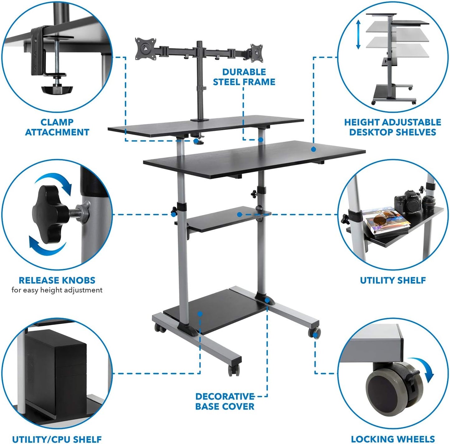 Mobile Standing Desk with Dual Monitor Mount - 40 Inch Wide Height Adjustable Rolling Computer Workstation with Four Wheels,