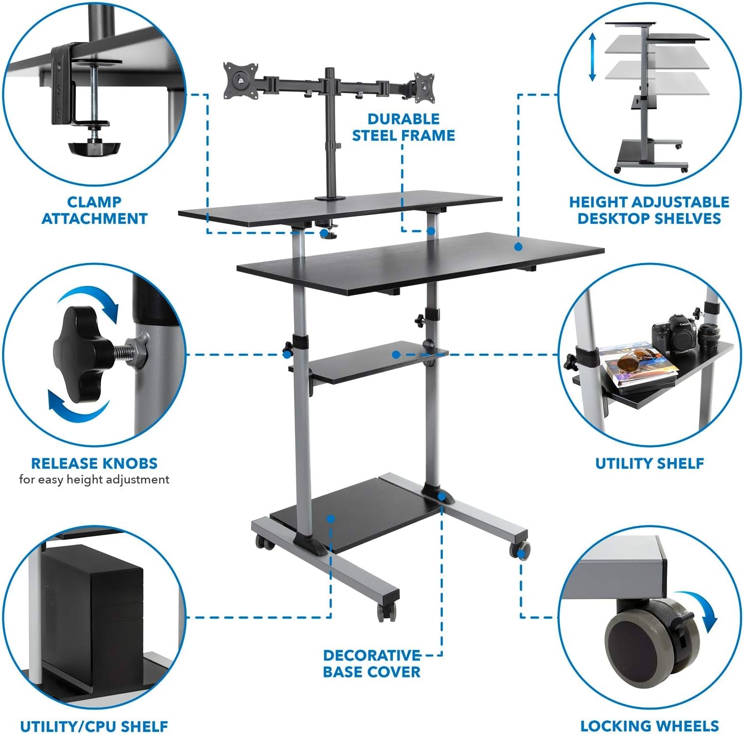 Mobile Standing Desk with Dual Monitor Mount - 40 Inch Wide Height Adjustable Rolling Computer Workstation with Four Wheels,