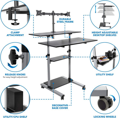 Mobile Standing Desk with Dual Monitor Mount - 40 Inch Wide Height Adjustable Rolling Computer Workstation with Four Wheels,