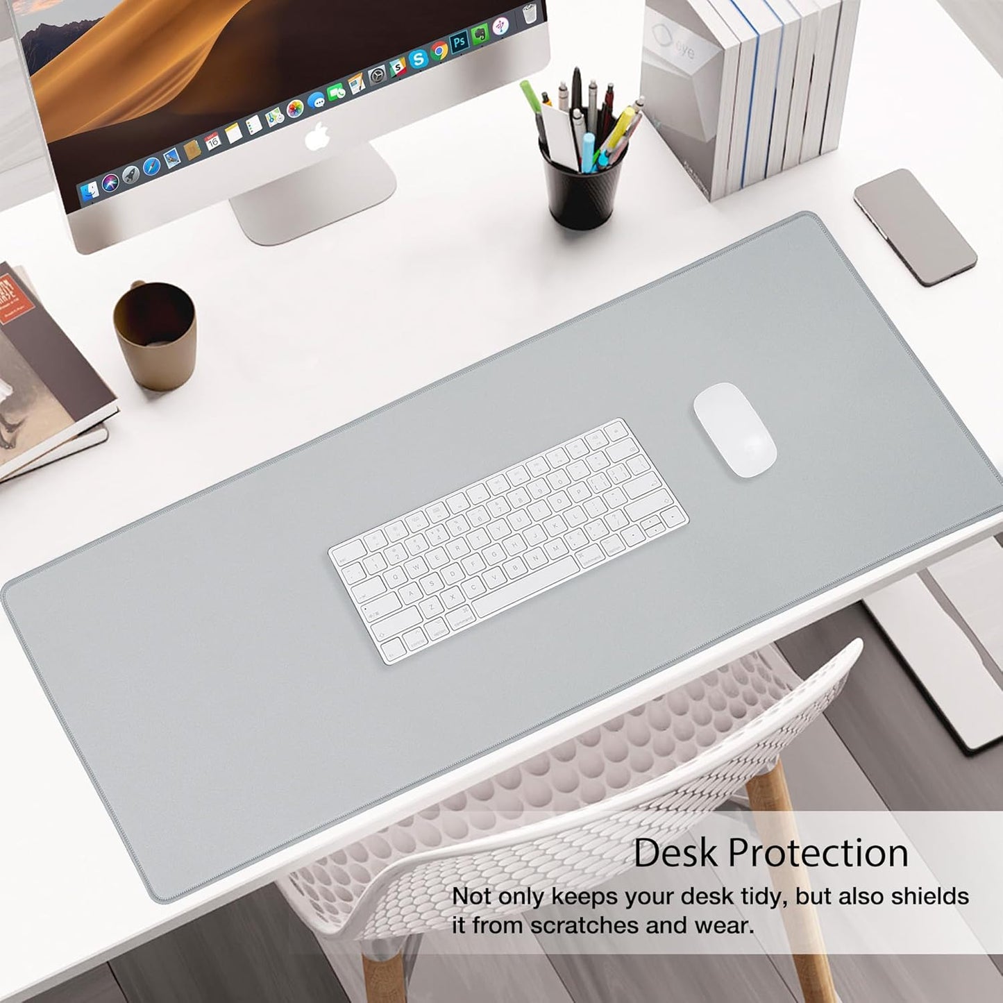 Waterproof Mouse Pad with Durable Stitched Edge, XXXL Gaming Keyboard Pad, Non-Slip Rubber Base Mouse Mat, Extended Desk Pad for Gamer, Office & Home, Gray Mousepad 35.4"X 15.7"X 0.12"