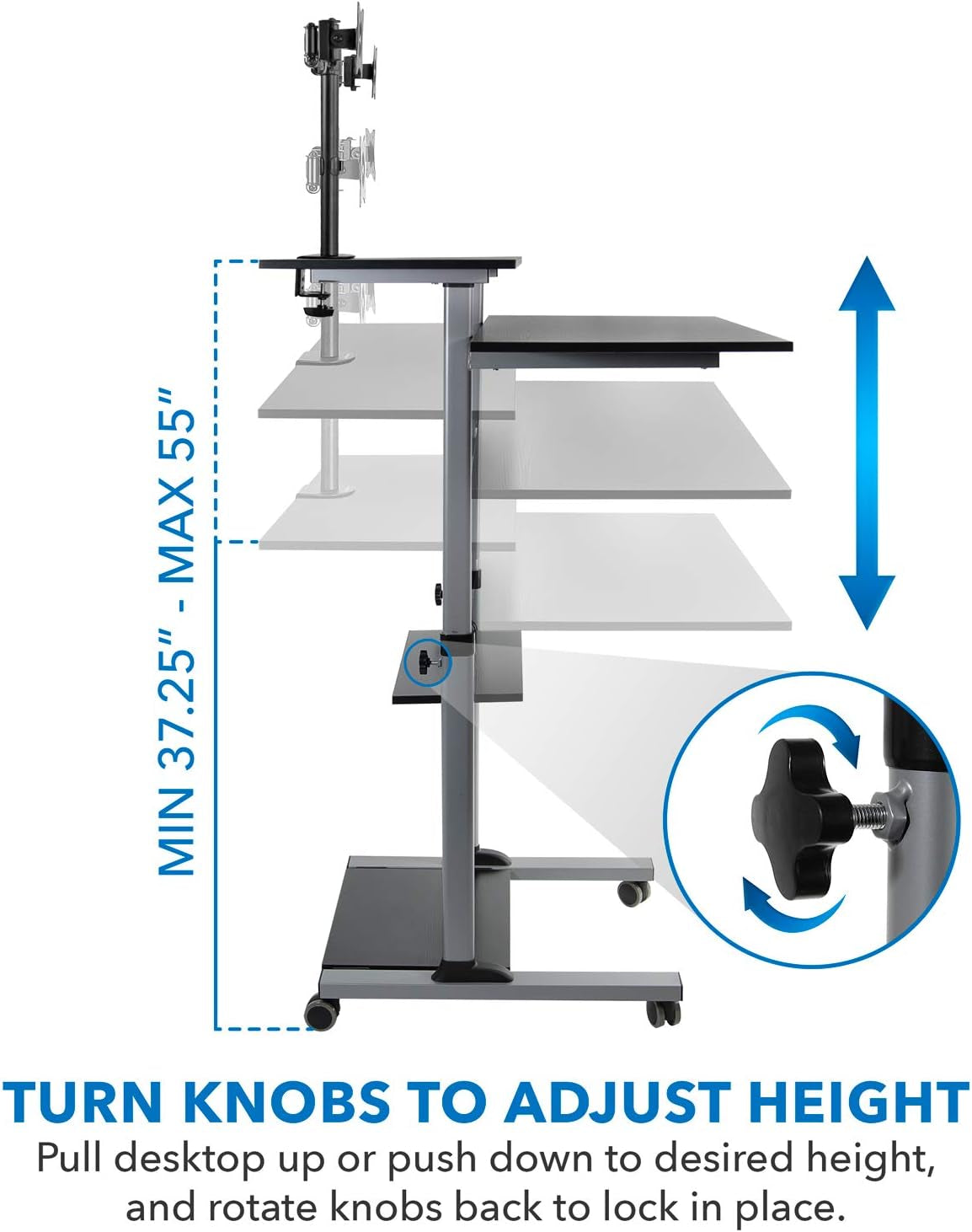 Mobile Standing Desk with Dual Monitor Mount - 40 Inch Wide Height Adjustable Rolling Computer Workstation with Four Wheels,