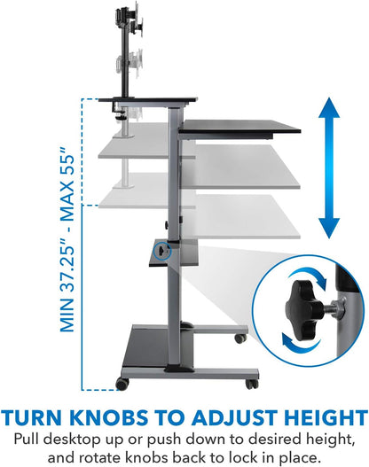 Mobile Standing Desk with Dual Monitor Mount - 40 Inch Wide Height Adjustable Rolling Computer Workstation with Four Wheels,