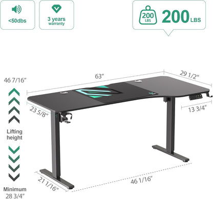 Dual Motor L Shaped Standing Desk 63”, Electric Height Adjustable Gaming Desk with Memory Presets, Child Lock, Sit Stand Reminder, Carbon Fiber Desktop, Cable Management, Cup Holder