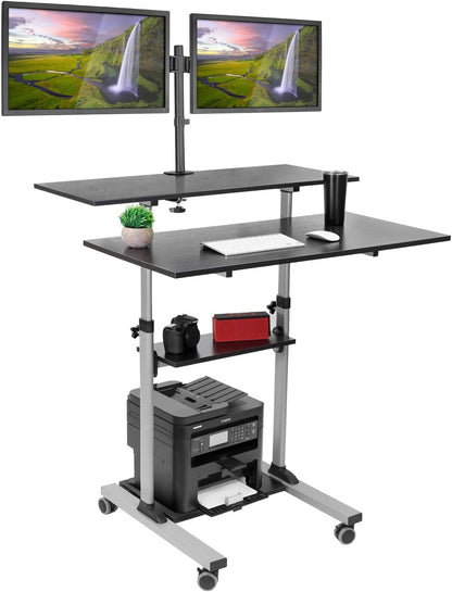 Mobile Standing Desk with Dual Monitor Mount - 40 Inch Wide Height Adjustable Rolling Computer Workstation with Four Wheels,