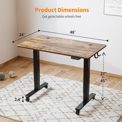 48'' Electric Standing Desk,Adjustable Height Stand up Desk,Sit Stand Home Office Desk, Rustic Brown Top