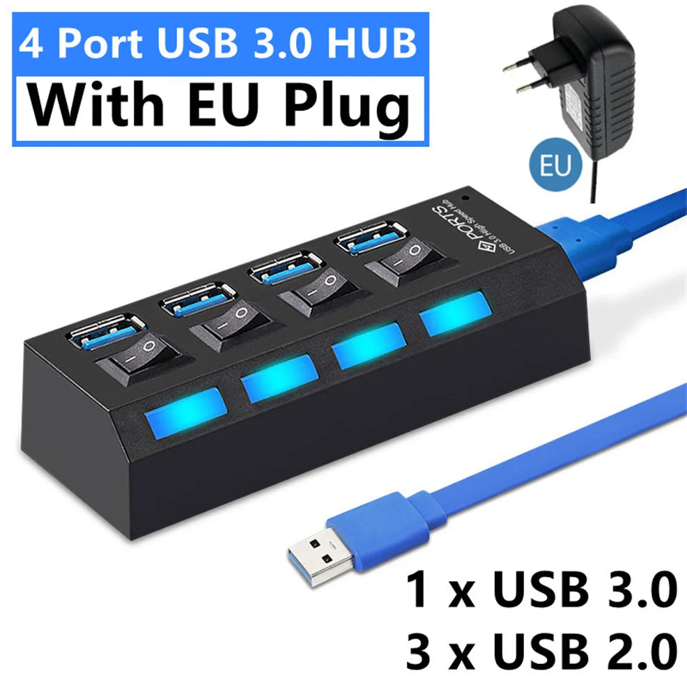 4/7 Ports USB HUB 3.0 2.0 Adapter Expander High Speed Multi USB Splitter Multiple Extender with LED Lamp Switch for PC Laptop