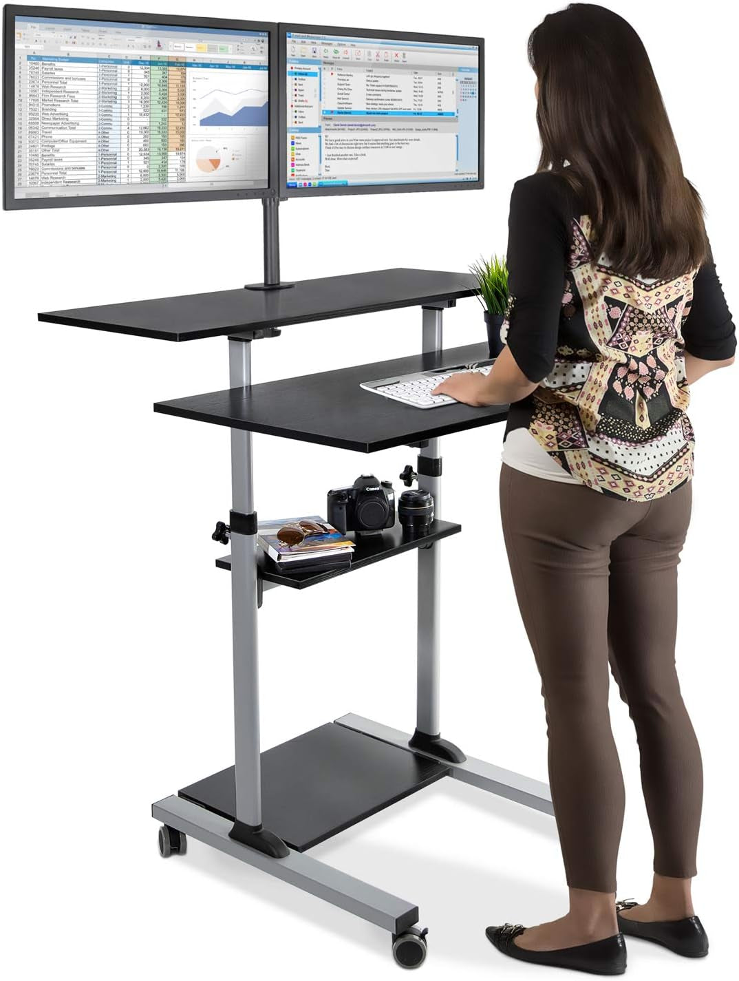 Mobile Standing Desk with Dual Monitor Mount - 40 Inch Wide Height Adjustable Rolling Computer Workstation with Four Wheels,