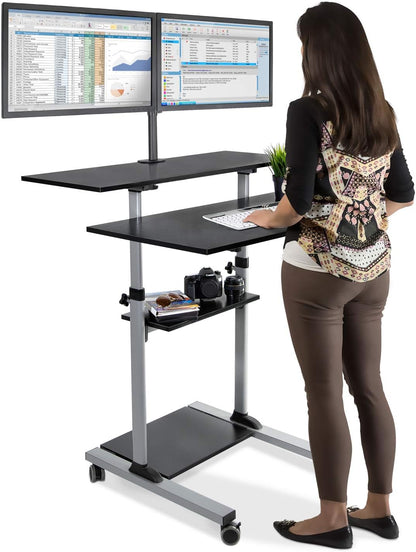 Mobile Standing Desk with Dual Monitor Mount - 40 Inch Wide Height Adjustable Rolling Computer Workstation with Four Wheels,