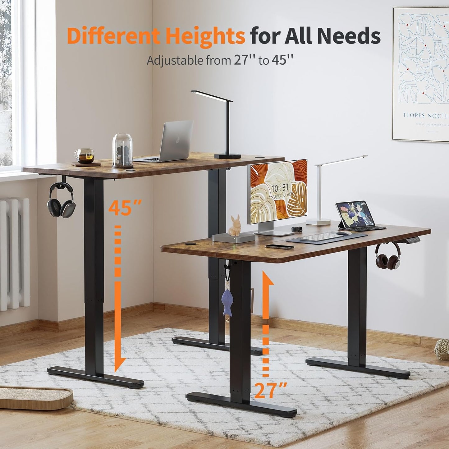 48'' Electric Standing Desk,Adjustable Height Stand up Desk,Sit Stand Home Office Desk, Rustic Brown Top