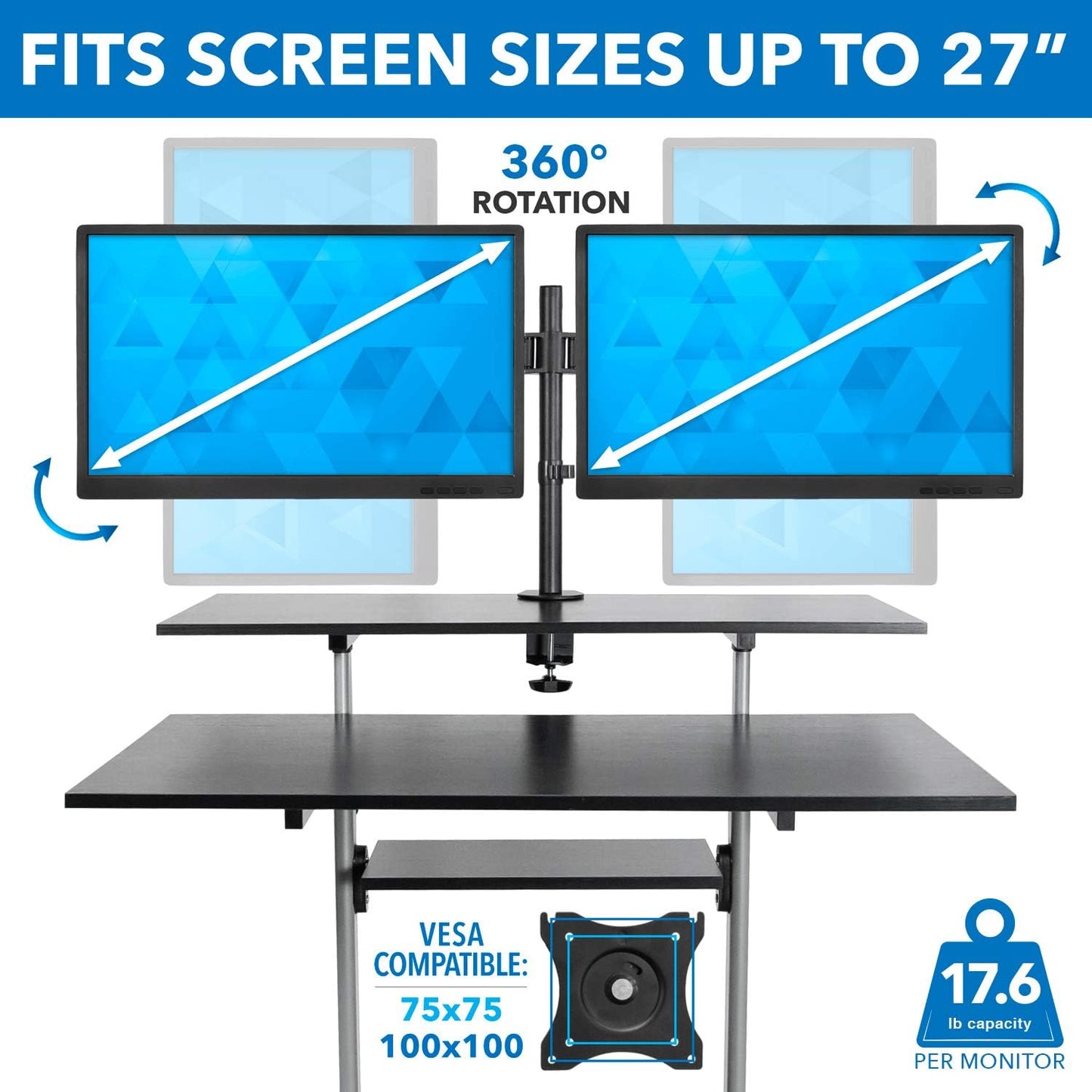 Mobile Standing Desk with Dual Monitor Mount - 40 Inch Wide Height Adjustable Rolling Computer Workstation with Four Wheels,