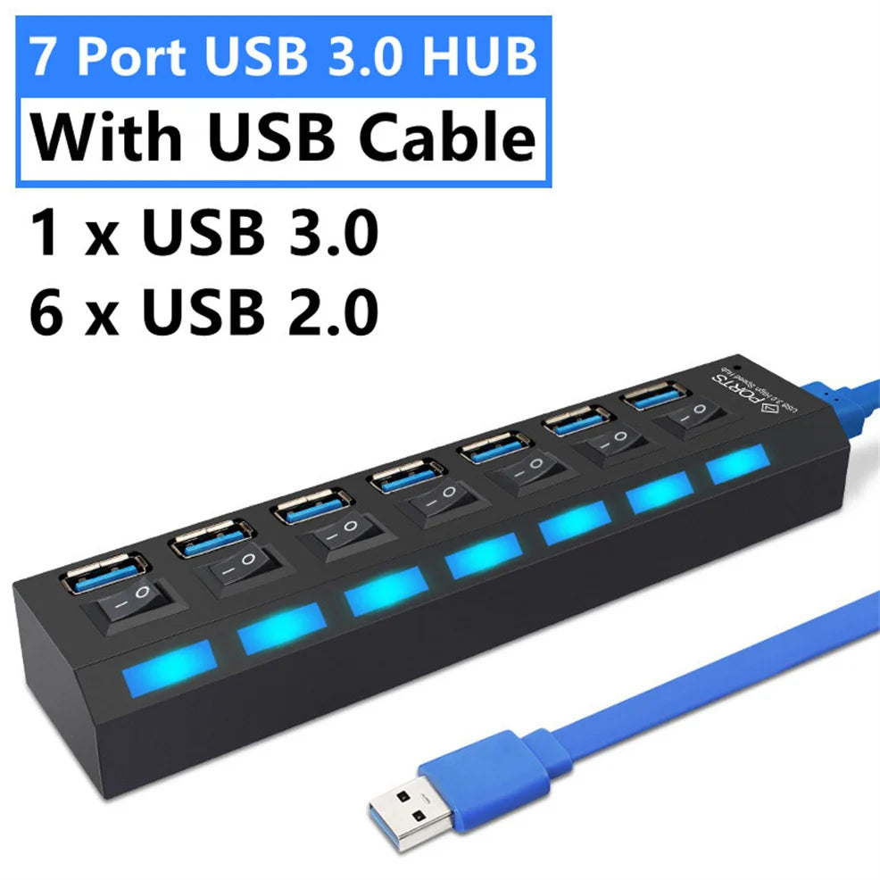 4/7 Ports USB HUB 3.0 2.0 Adapter Expander High Speed Multi USB Splitter Multiple Extender with LED Lamp Switch for PC Laptop