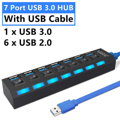 4/7 Ports USB HUB 3.0 2.0 Adapter Expander High Speed Multi USB Splitter Multiple Extender with LED Lamp Switch for PC Laptop