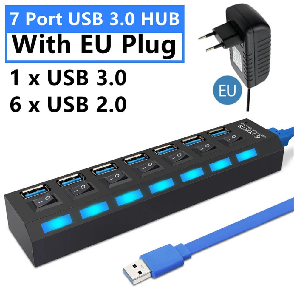 4/7 Ports USB HUB 3.0 2.0 Adapter Expander High Speed Multi USB Splitter Multiple Extender with LED Lamp Switch for PC Laptop
