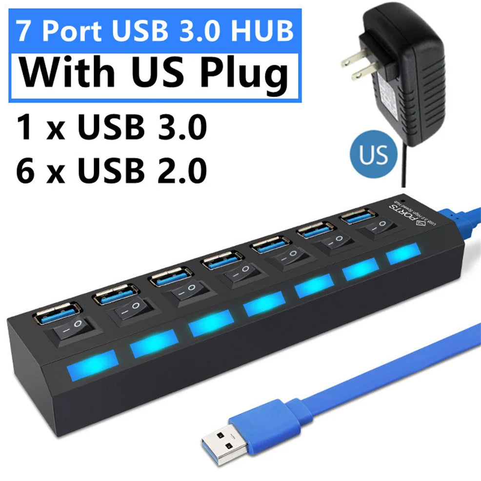 4/7 Ports USB HUB 3.0 2.0 Adapter Expander High Speed Multi USB Splitter Multiple Extender with LED Lamp Switch for PC Laptop