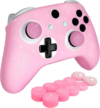 Pink Glitter Anti-Slip Protective Silicone Cover Skin Grips Compatible with Xbox ONE S/X Controller,8 PCS Glitter Thumb Grips Caps and 2 Grips Caps.