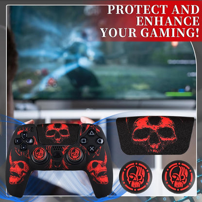 Laser Carving Silicone Skin for PS5 Controller X 1(Skulls Red) with Exclusive Thumb Grips X 8