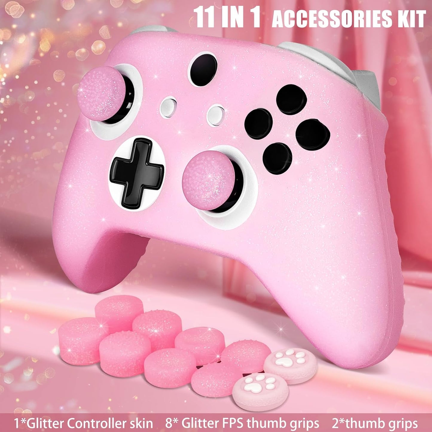Pink Glitter Anti-Slip Protective Silicone Cover Skin Grips Compatible with Xbox ONE S/X Controller,8 PCS Glitter Thumb Grips Caps and 2 Grips Caps.