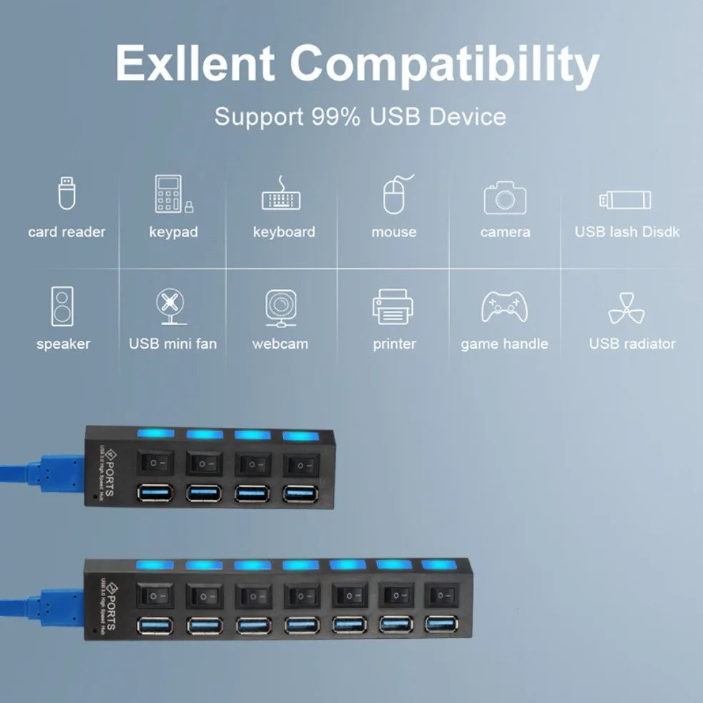 4/7 Ports USB HUB 3.0 2.0 Adapter Expander High Speed Multi USB Splitter Multiple Extender with LED Lamp Switch for PC Laptop