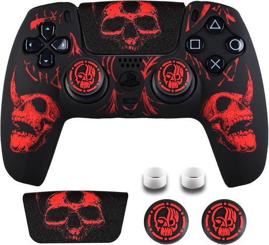 Laser Carving Silicone Skin for PS5 Controller X 1(Skulls Red) with Exclusive Thumb Grips X 8