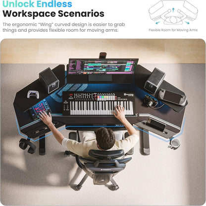 Gaming Desk, Standing Desk W Keyboard Tray, 72" Wing Shaped Music Studio Table with LED Shelves, Gaming Recording Live Stream, Slot Design