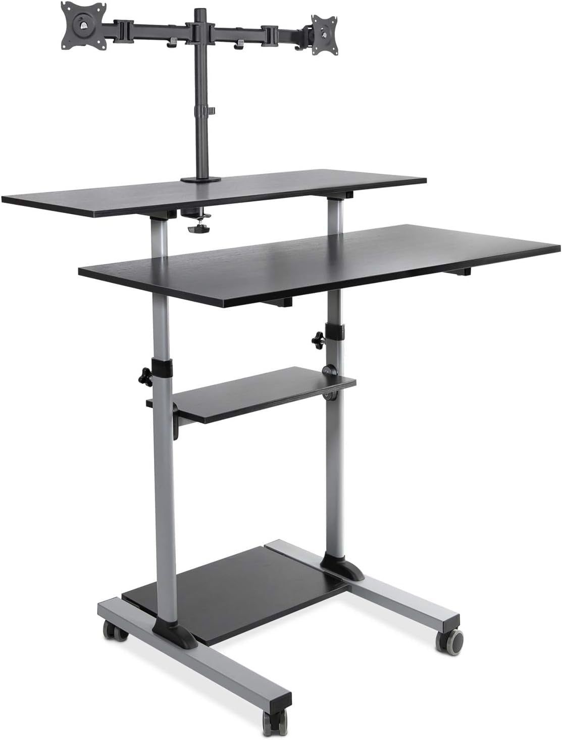 Mobile Standing Desk with Dual Monitor Mount - 40 Inch Wide Height Adjustable Rolling Computer Workstation with Four Wheels,