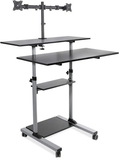 Mobile Standing Desk with Dual Monitor Mount - 40 Inch Wide Height Adjustable Rolling Computer Workstation with Four Wheels,